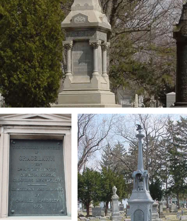 Historic monuments and memorials at Gracelawn Cemetery in Elkhart, Indiana, including ornate stone markers, a bronze dedication plaque from 1863, and tall sculpted headstones surrounded by mature trees.